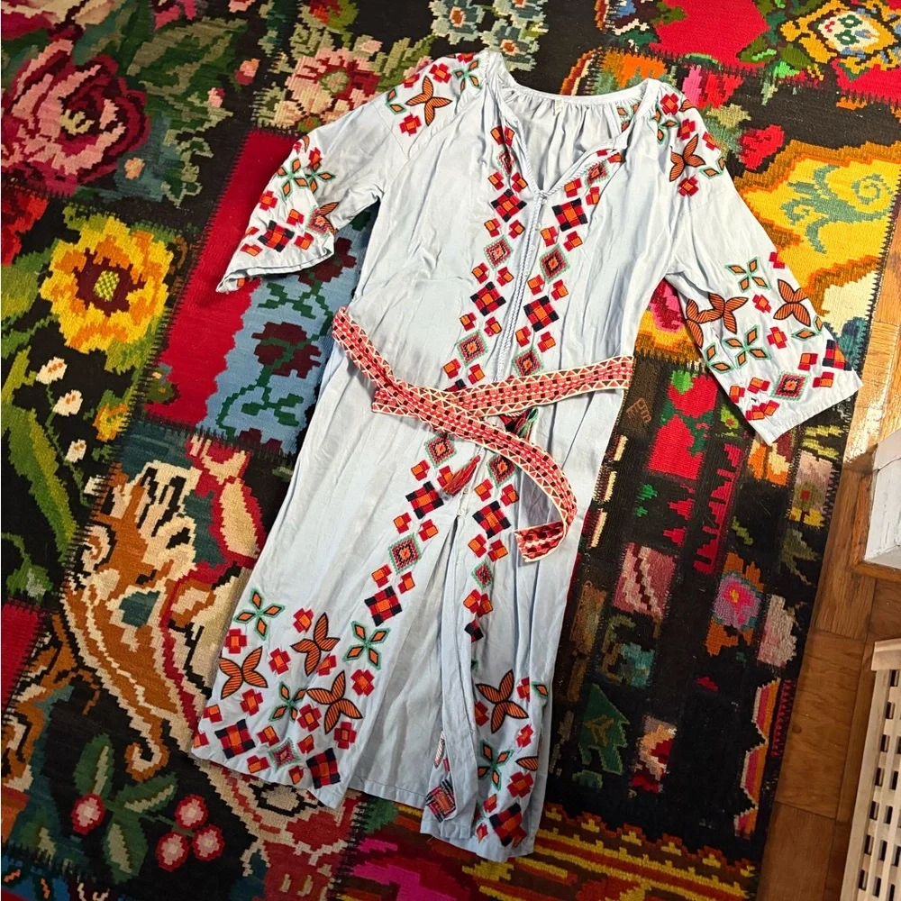 Embroidered Light Blue TRF Dress with Red and Orange Accents - Picture 2 of 9